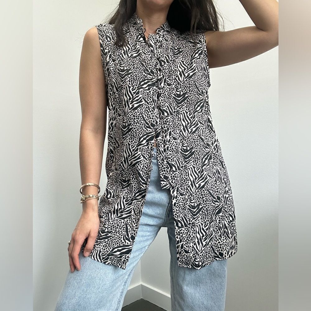 Vintage 90's 100% Silk Zebra Print Button Front Tunic Shirt Sleeveless Size S